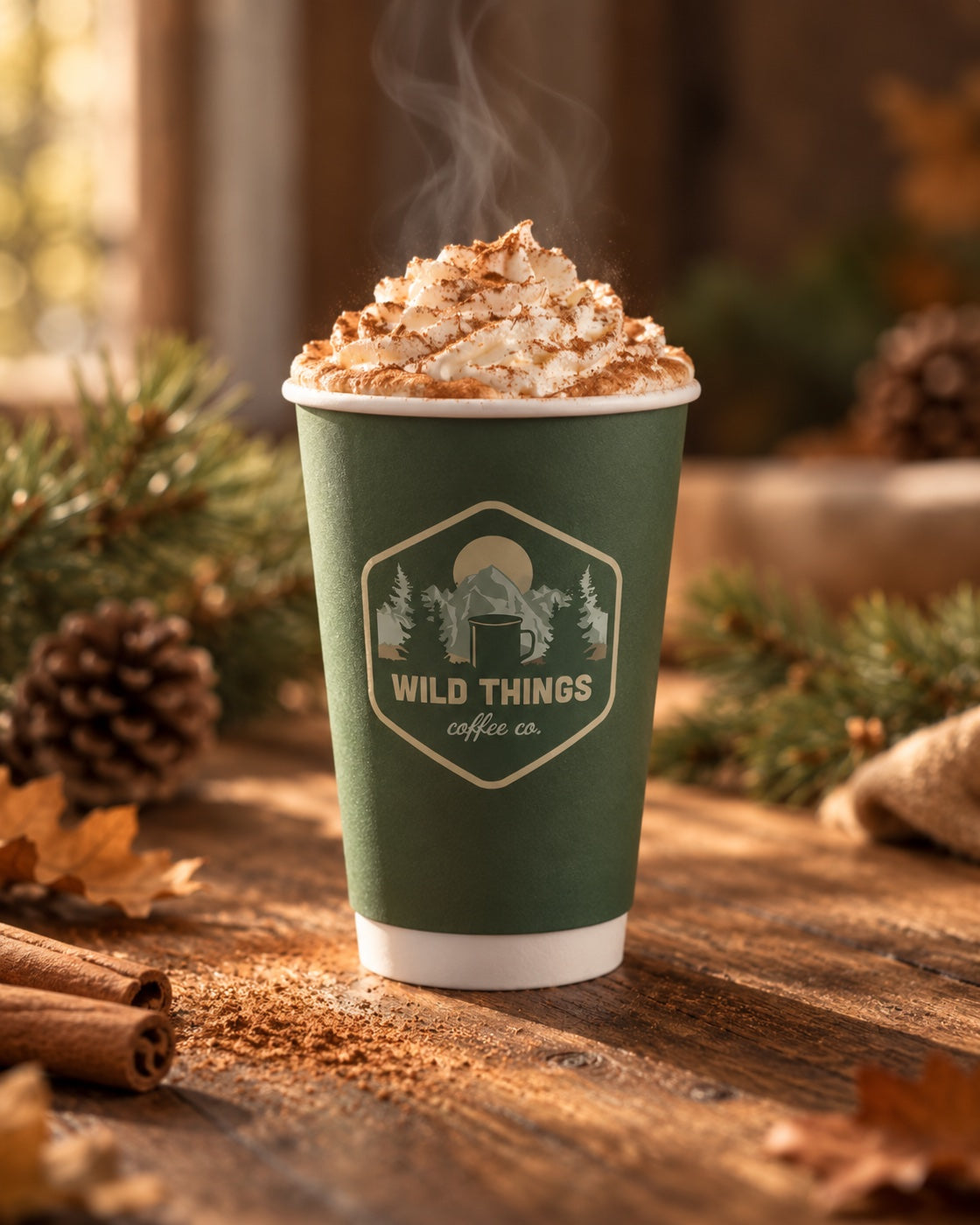 A Wild Things coffee with whipped cream and cinnamon in a warm autumn setting